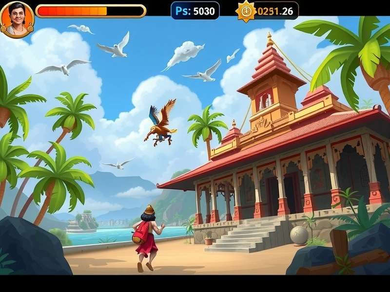 Temple Run gameplay on a computer monitor with keyboard controls