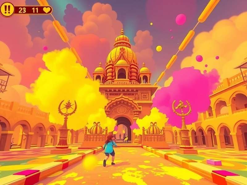Temple Run Holi Festival gameplay screenshot showing colorful environment