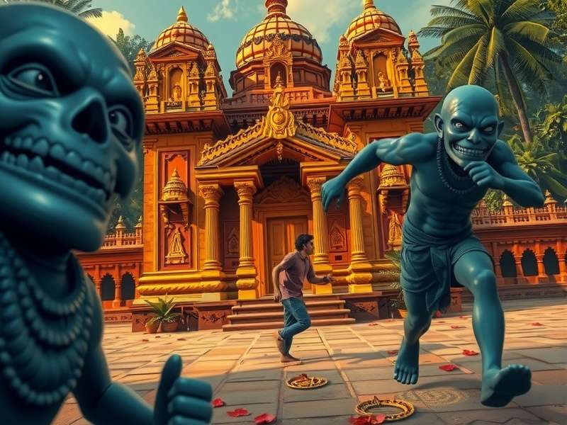 टेम्पल रन गेम का मुख्य चरित्र मंदिर से भागता हुआ