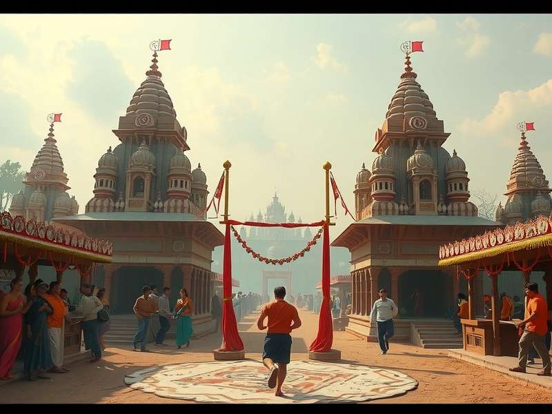 Temple Run Holi Games gameplay screenshot showing colorful Holi theme