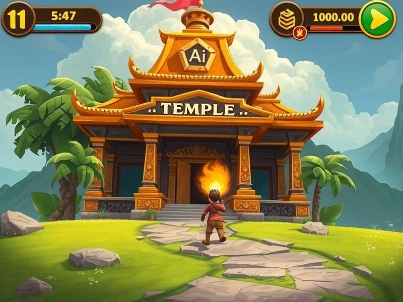 Temple Run gameplay on a large PC monitor with AI overlays and performance metrics visible