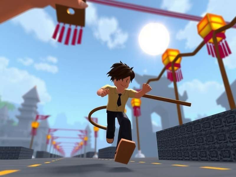 First-person view of a runner navigating a complex temple obstacle course