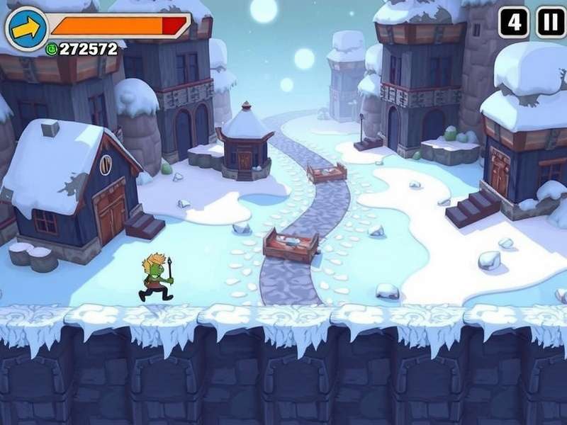 Gameplay screenshot of Snow Temple Run Oz showing character sliding on icy path with snowy mountains in background