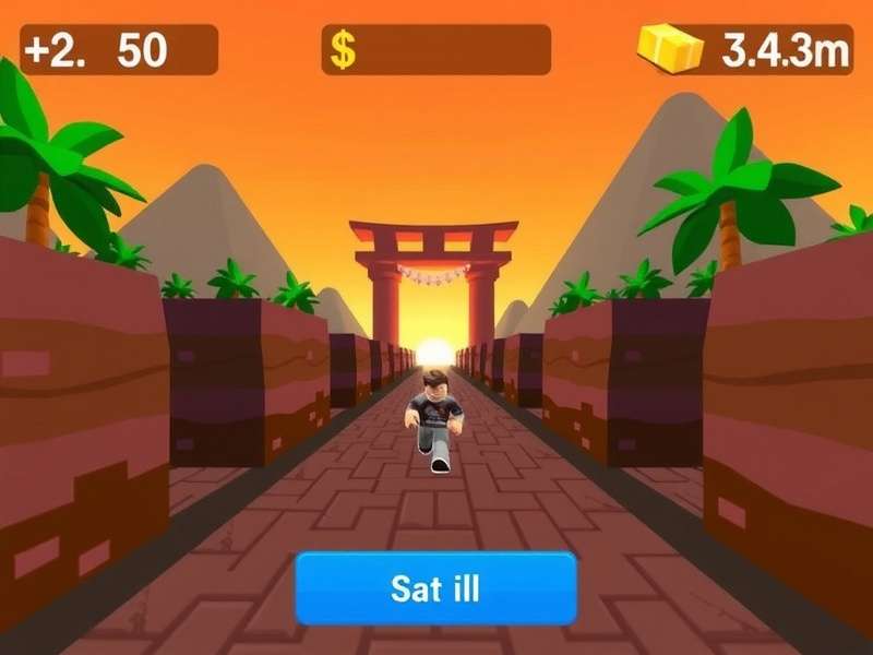 Screenshot of Temple Run gameplay inside Roblox showing character running on a path with coins and obstacles