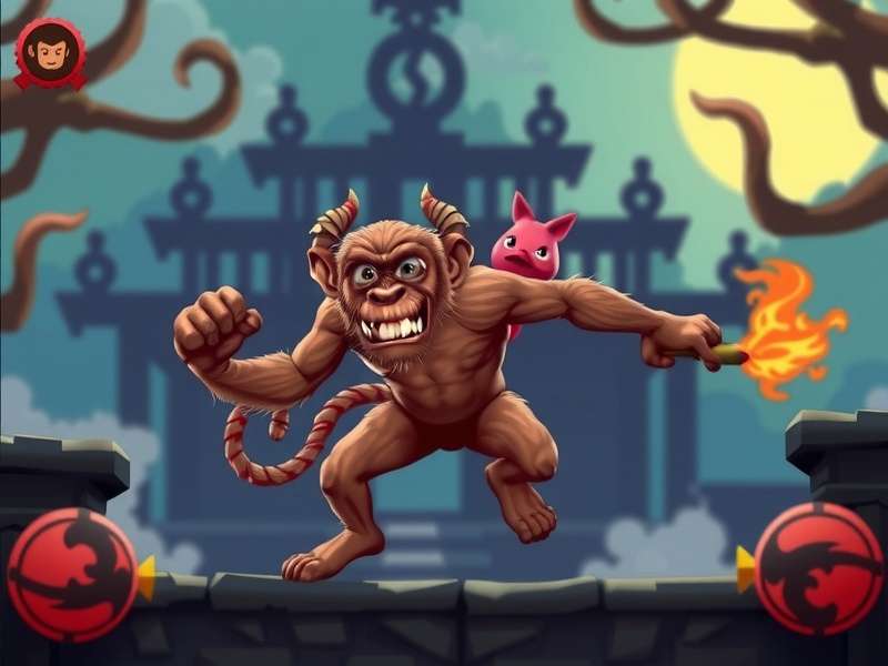 Artistic depiction of the Evil Demon Monkey chasing the Temple Run adventurer through ancient ruins