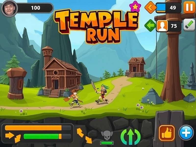 Temple Run gameplay on iPhone showing character running on ancient ruins