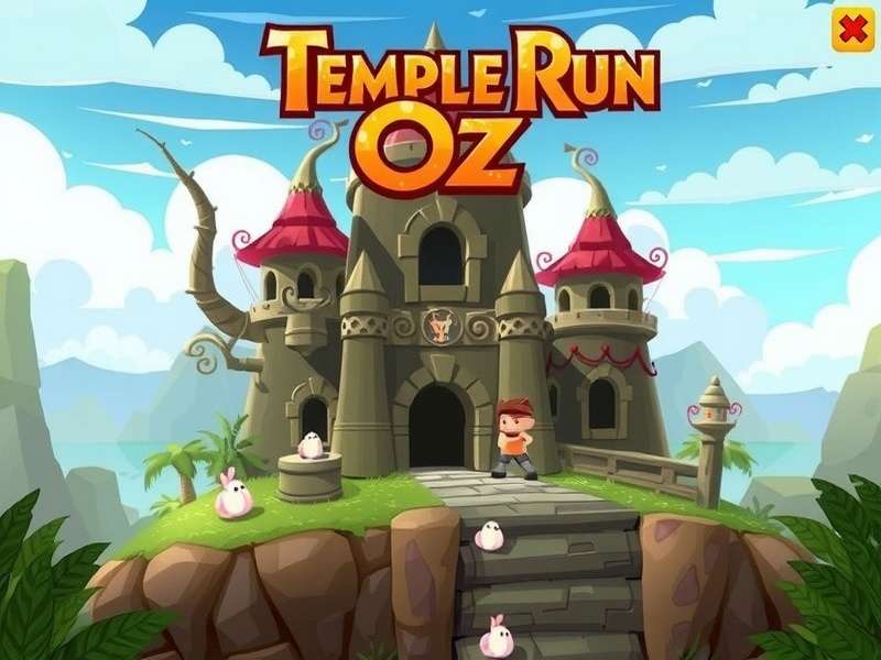 Temple Run Oz gameplay screenshot showing character running on golden path with emerald city in background