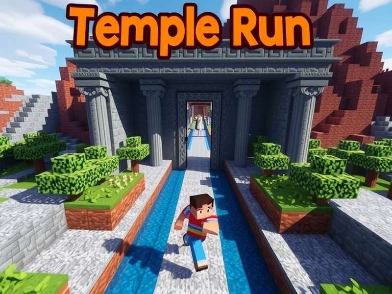 Minecraft Temple Run Portal Map gameplay screenshot showing a runner in a temple setting
