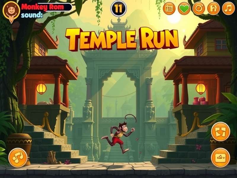 Temple Run monkey character jumping across the ancient temple path, emitting the iconic screech sound
